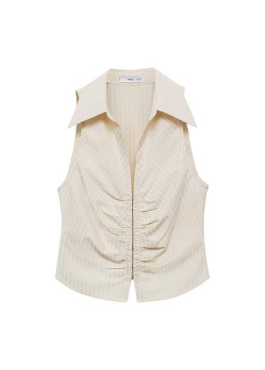  Mango Kadın Çizgili Fermuarlı Bluz Ekru