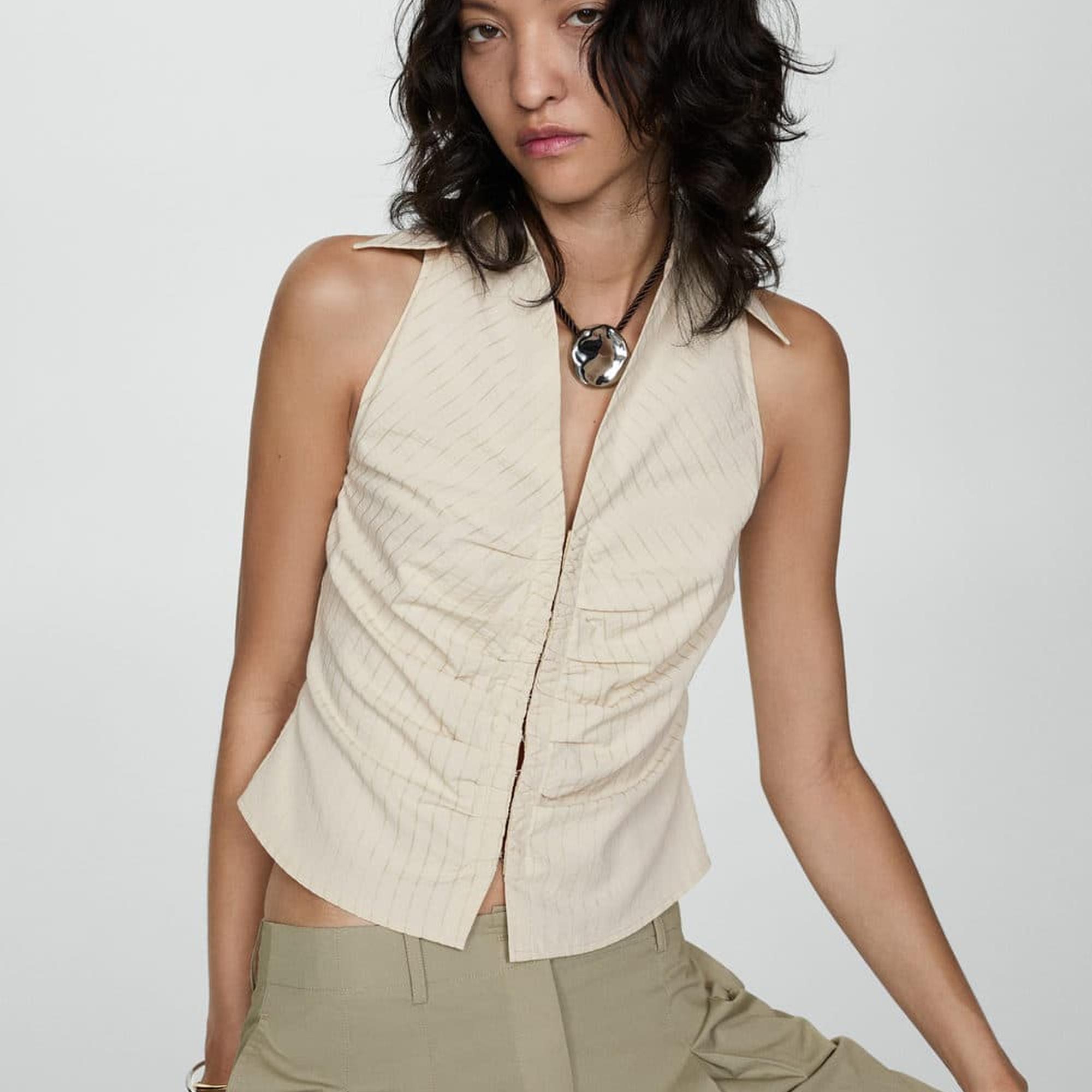 Mango Kadın Çizgili Fermuarlı Bluz Ekru