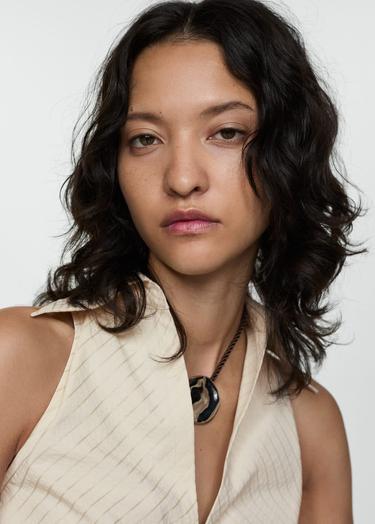  Mango Kadın Çizgili Fermuarlı Bluz Ekru