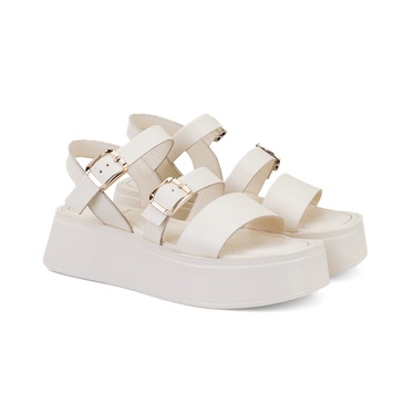  Kadın Krem Ayarlanabilir Tokalı Deri Sandalet