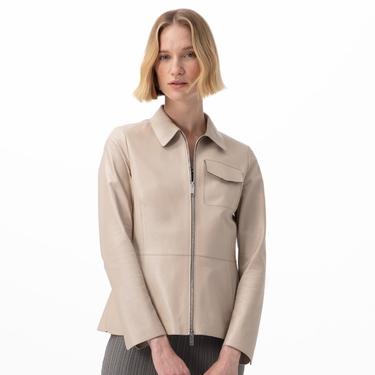  Kadın Bej Gömlek Yakalı Deri Ceket