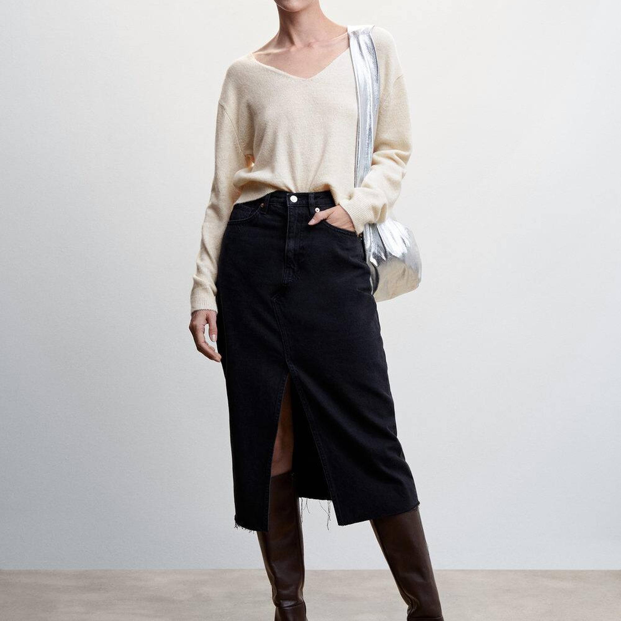 Mango Kadın V Yaka Triko Kazak Ekru