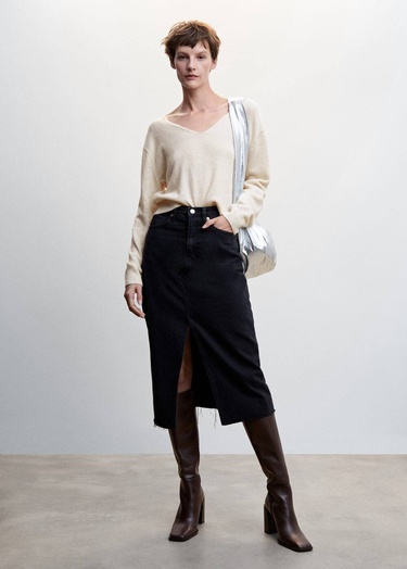  Mango Kadın V Yaka Triko Kazak Ekru