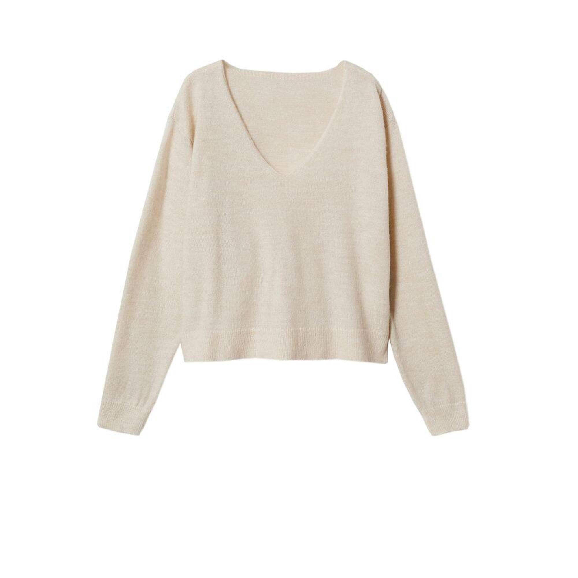 Mango Kadın V Yaka Triko Kazak Ekru
