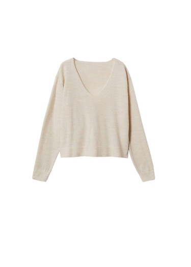  Mango Kadın V Yaka Triko Kazak Ekru