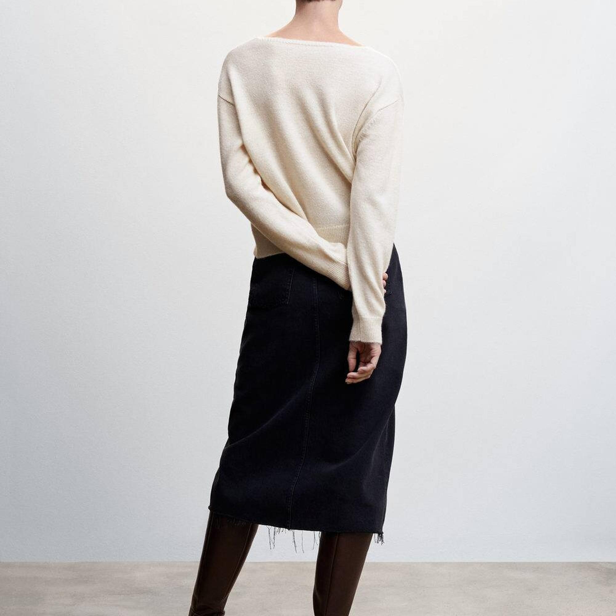 Mango Kadın V Yaka Triko Kazak Ekru