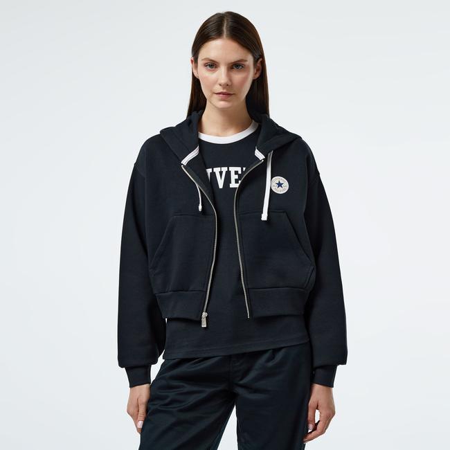  Converse Kadın Baskılı Siyah Fermuarlı Hoodie