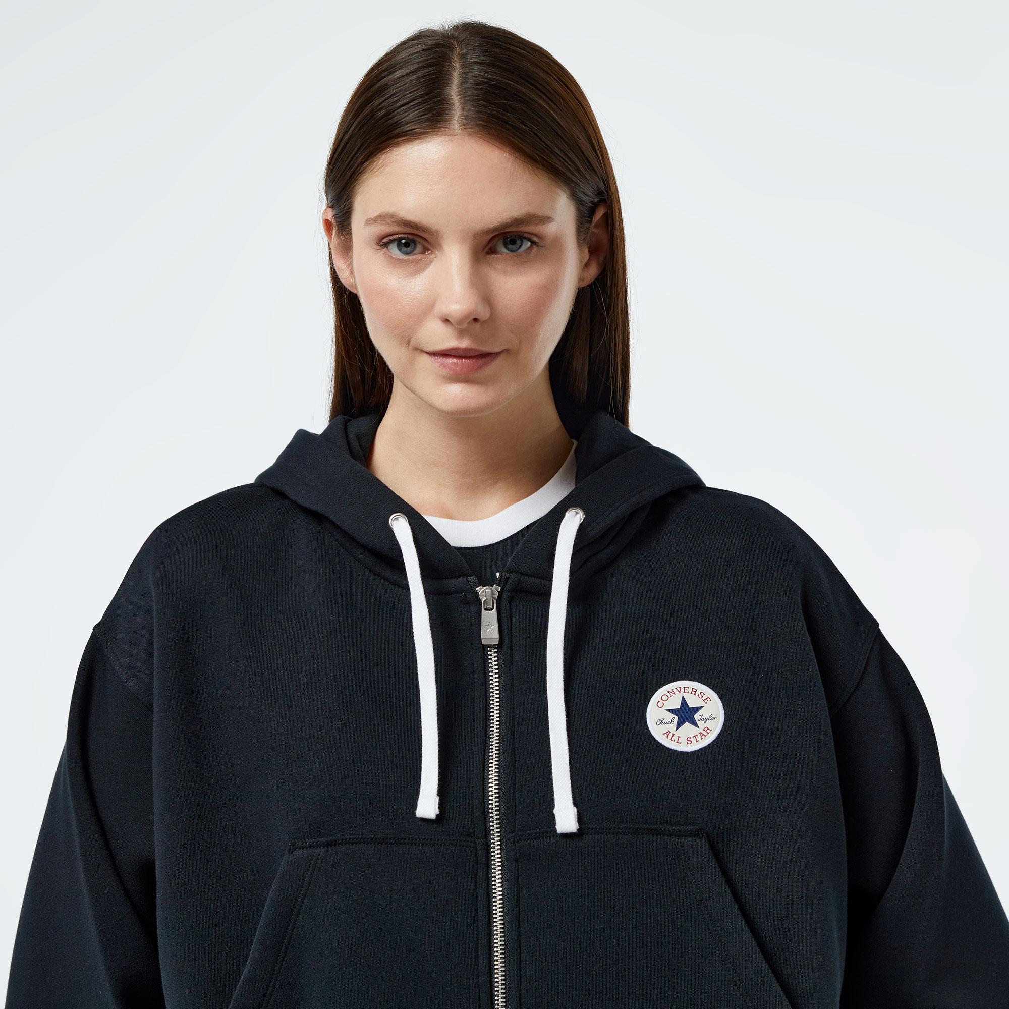 Converse Kadın Baskılı Siyah Fermuarlı Hoodie