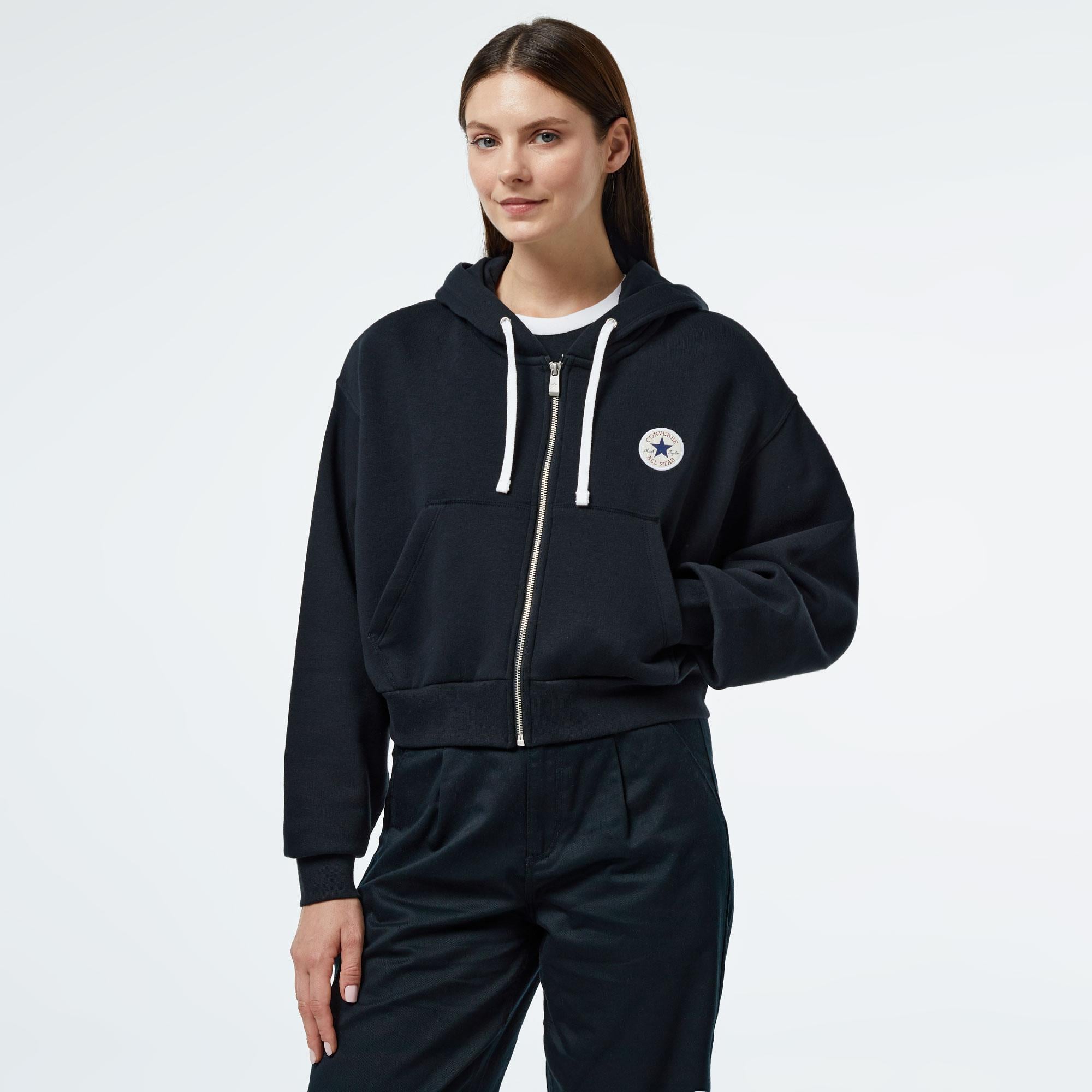 Converse Kadın Baskılı Siyah Fermuarlı Hoodie