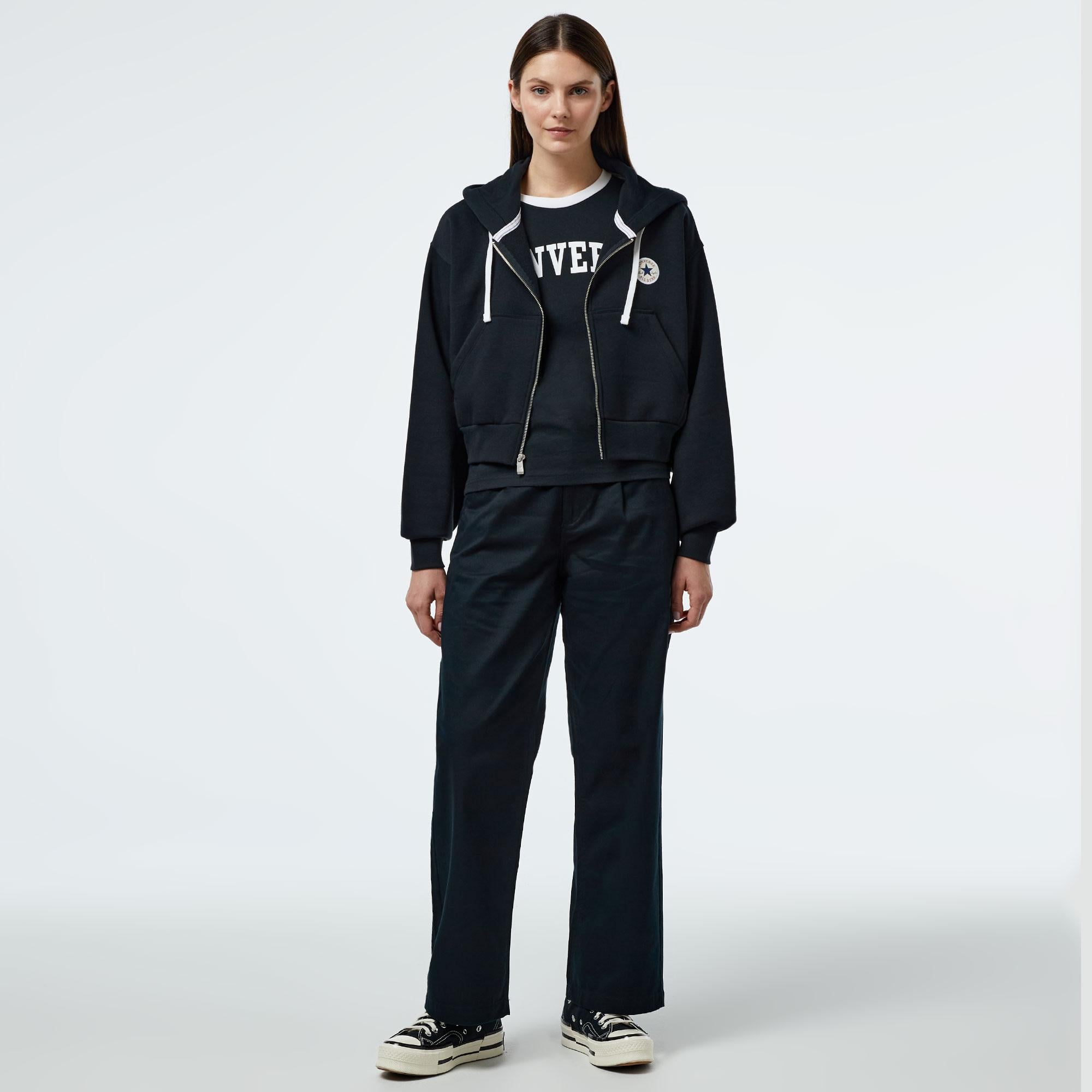 Converse Kadın Baskılı Siyah Fermuarlı Hoodie