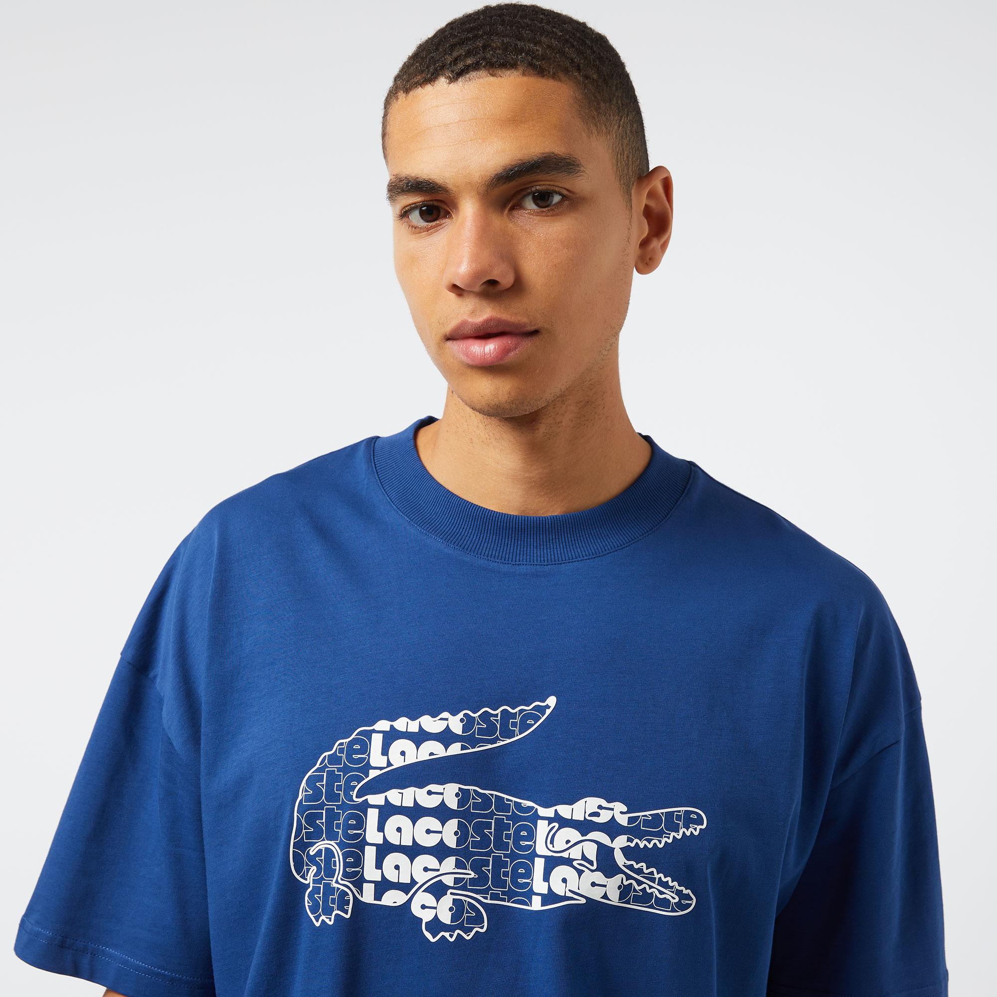 Erkek Relaxed Fit Bisiklet Yaka Baskılı Lacivert T-Shirt