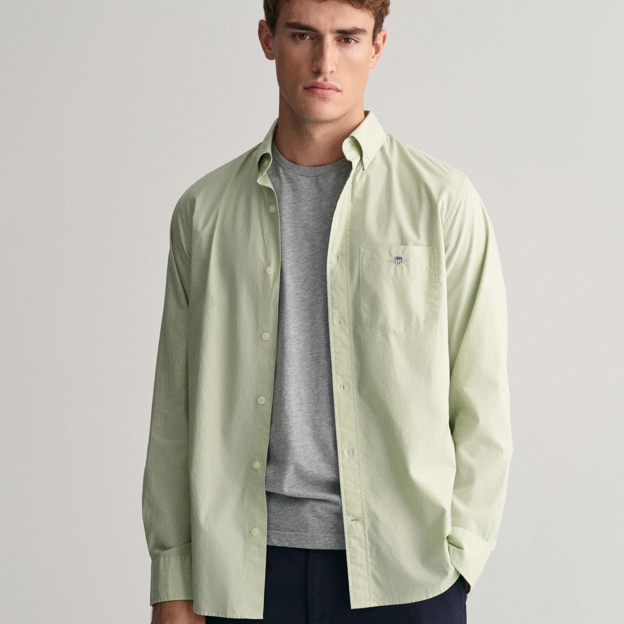 GANT Erkek Yeşil Regular Fit Düğmeli Yaka Poplin Gömlek