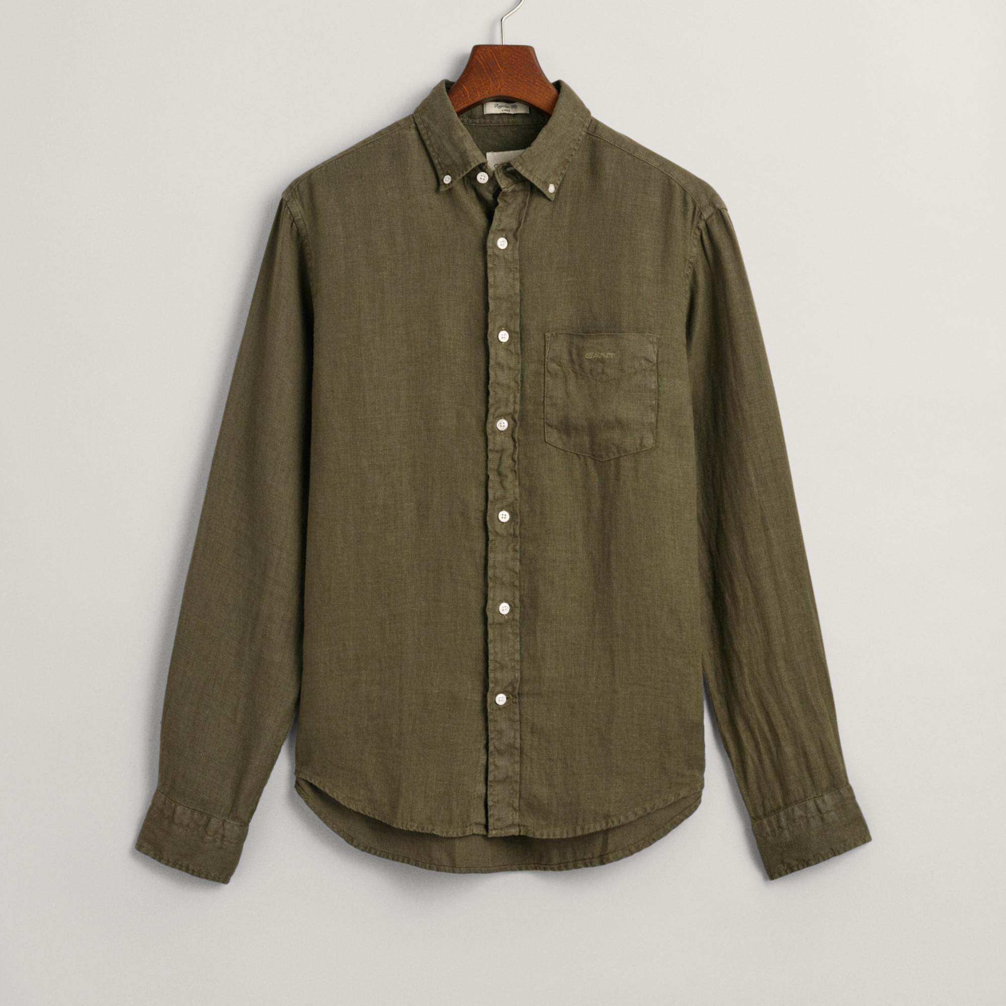 GANT Erkek Yeşil Regular Fit Düğmeli Yaka Keten Gömlek