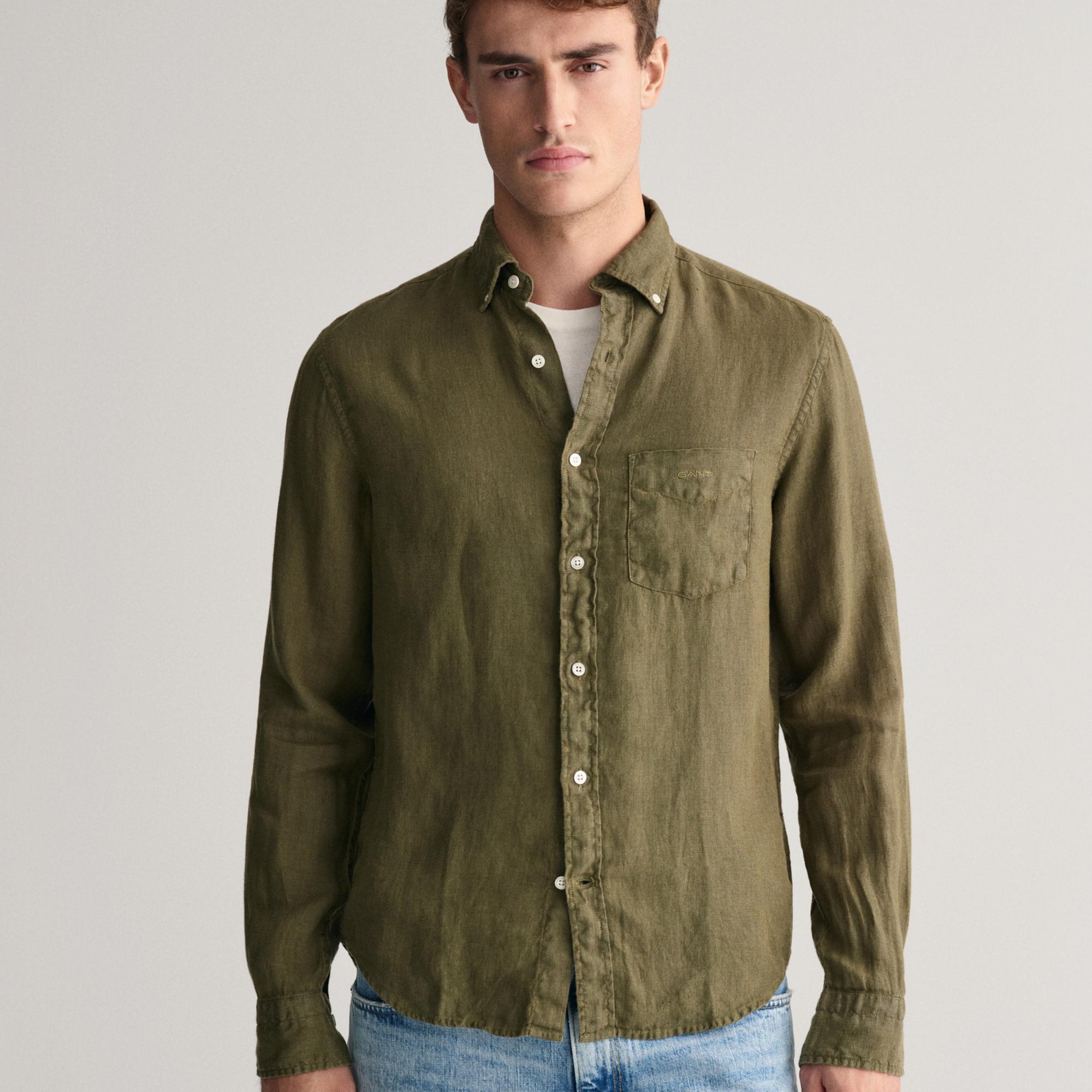 GANT Erkek Yeşil Regular Fit Düğmeli Yaka Keten Gömlek