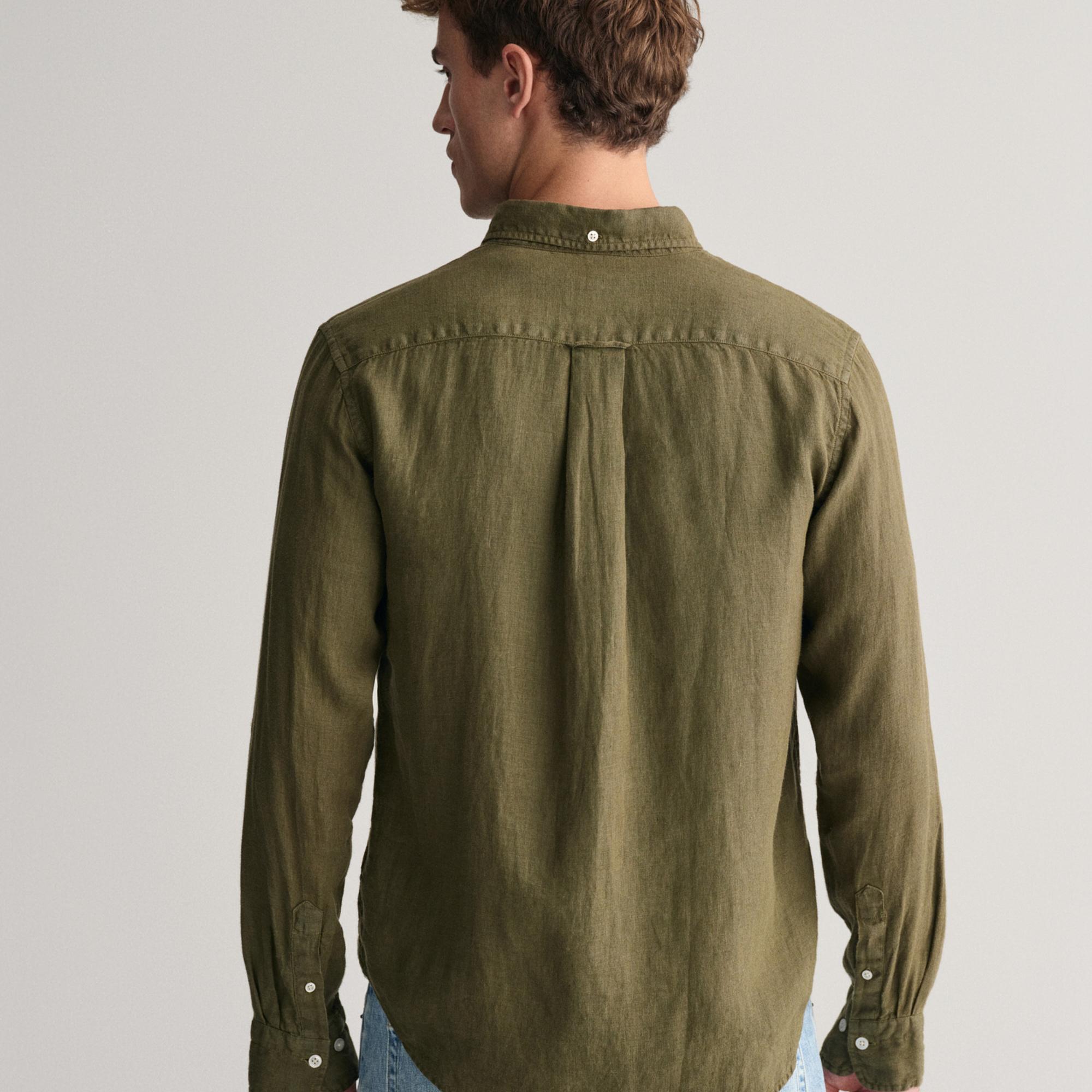 GANT Erkek Yeşil Regular Fit Düğmeli Yaka Keten Gömlek