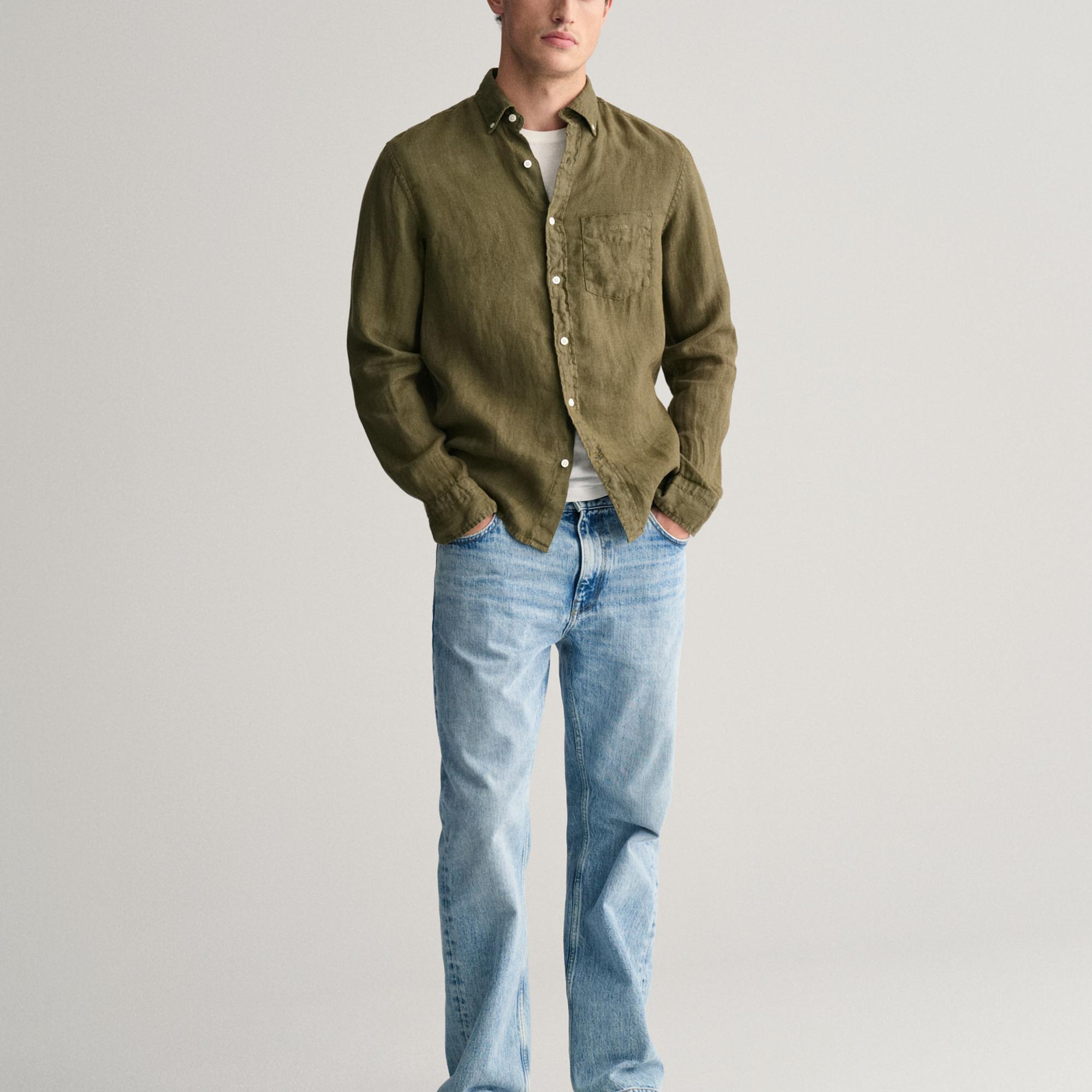 GANT Erkek Yeşil Regular Fit Düğmeli Yaka Keten Gömlek