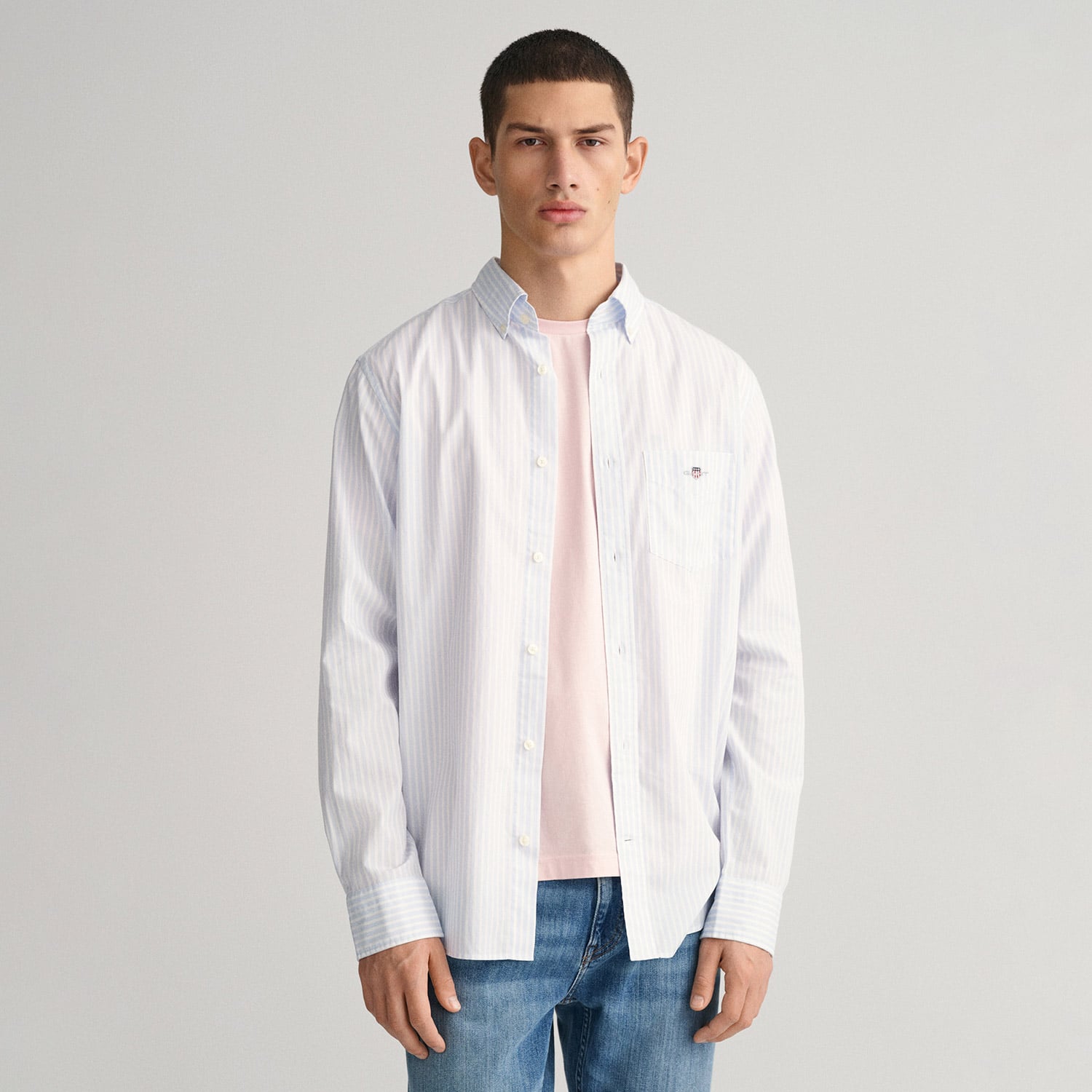  GANT Erkek Mavi Regular Fit Düğmeli Yaka Çizgili Poplin Gömlek