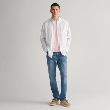  GANT Erkek Mavi Regular Fit Düğmeli Yaka Çizgili Poplin Gömlek