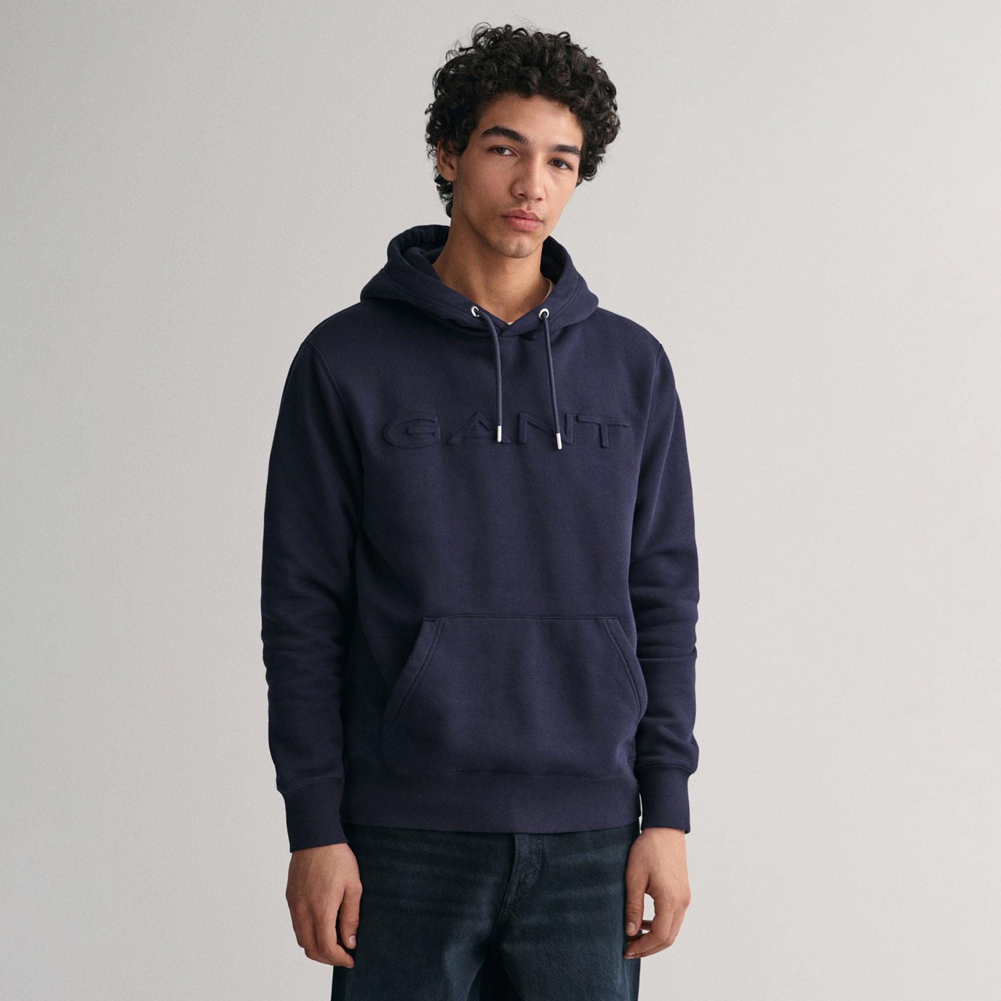 GANT Erkek Lacivert Regular Fit Kapüşonlu Logolu Sweatshirt