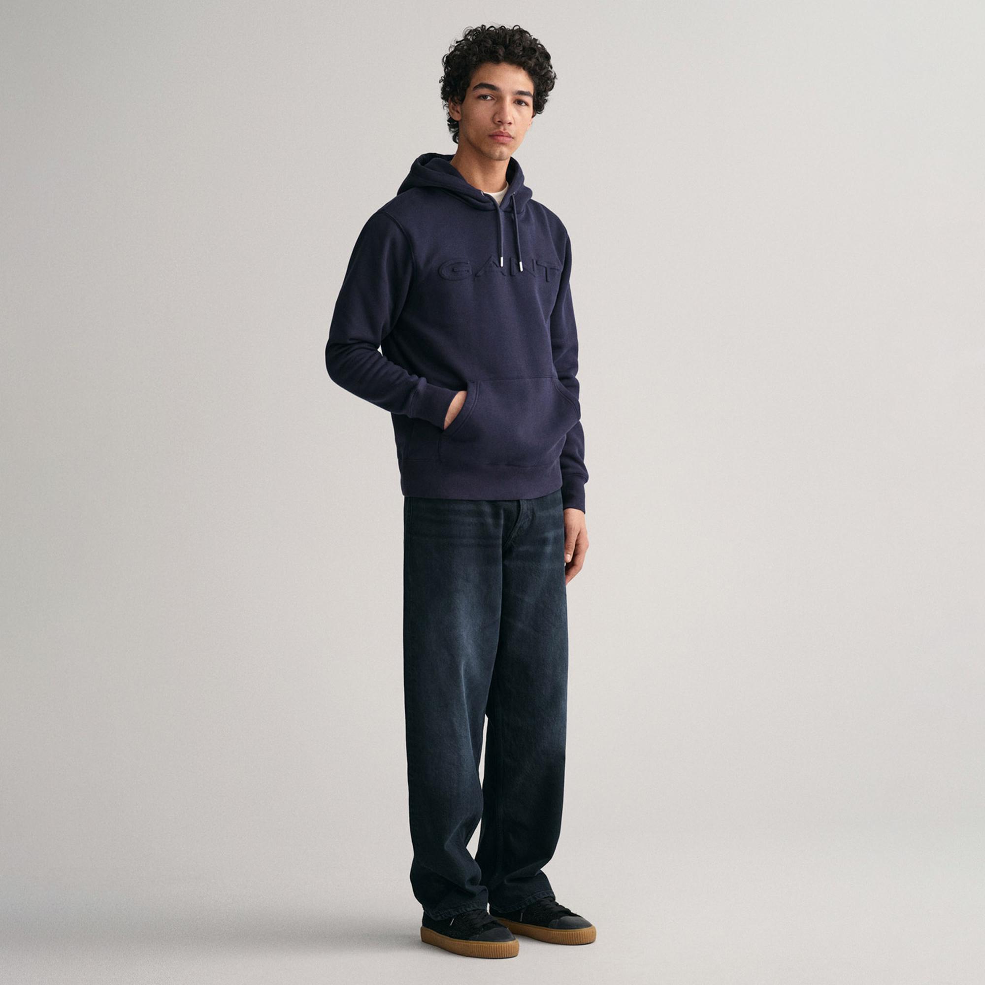 GANT Erkek Lacivert Regular Fit Kapüşonlu Logolu Sweatshirt