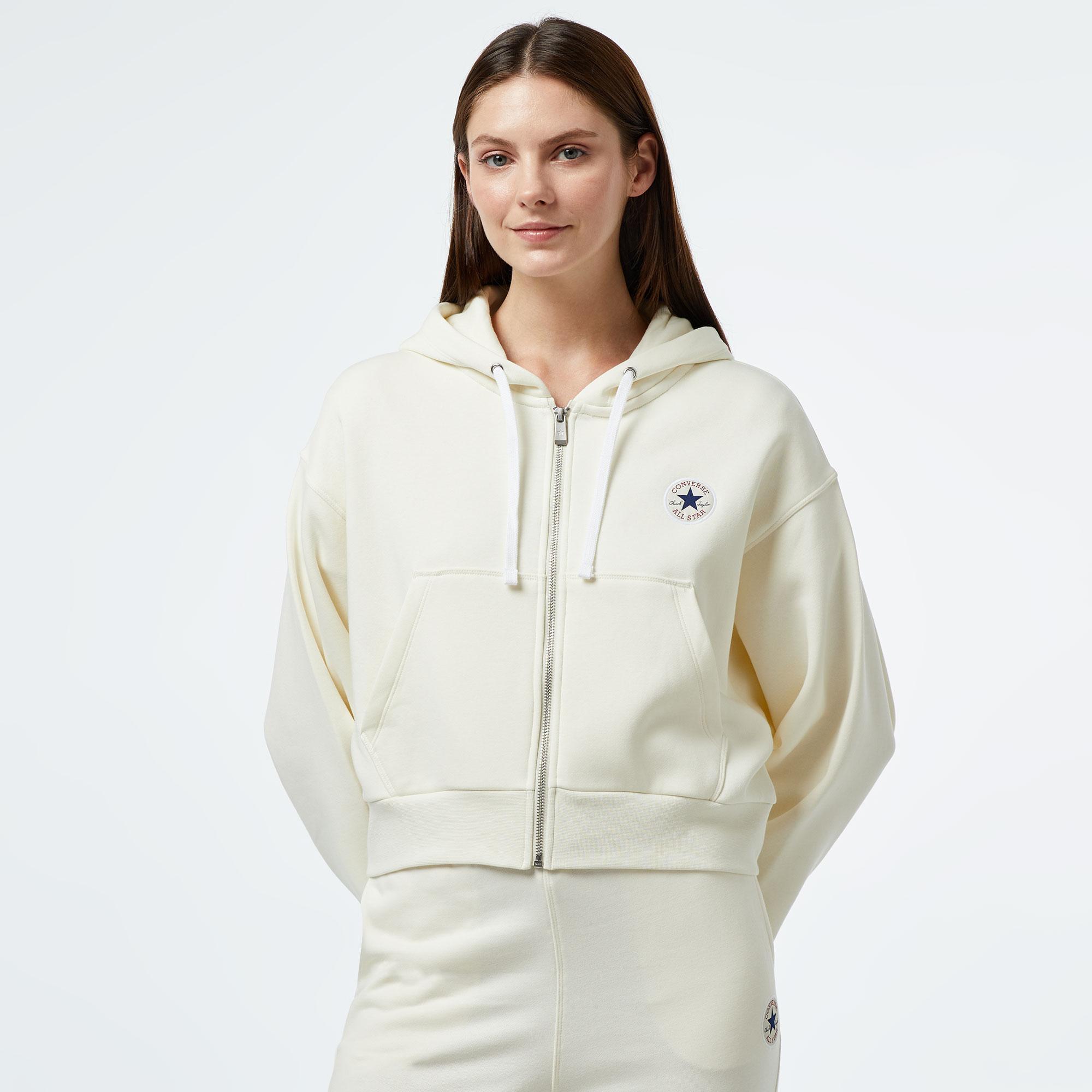 Converse Kadın Baskılı Krem Fermuarlı Hoodie