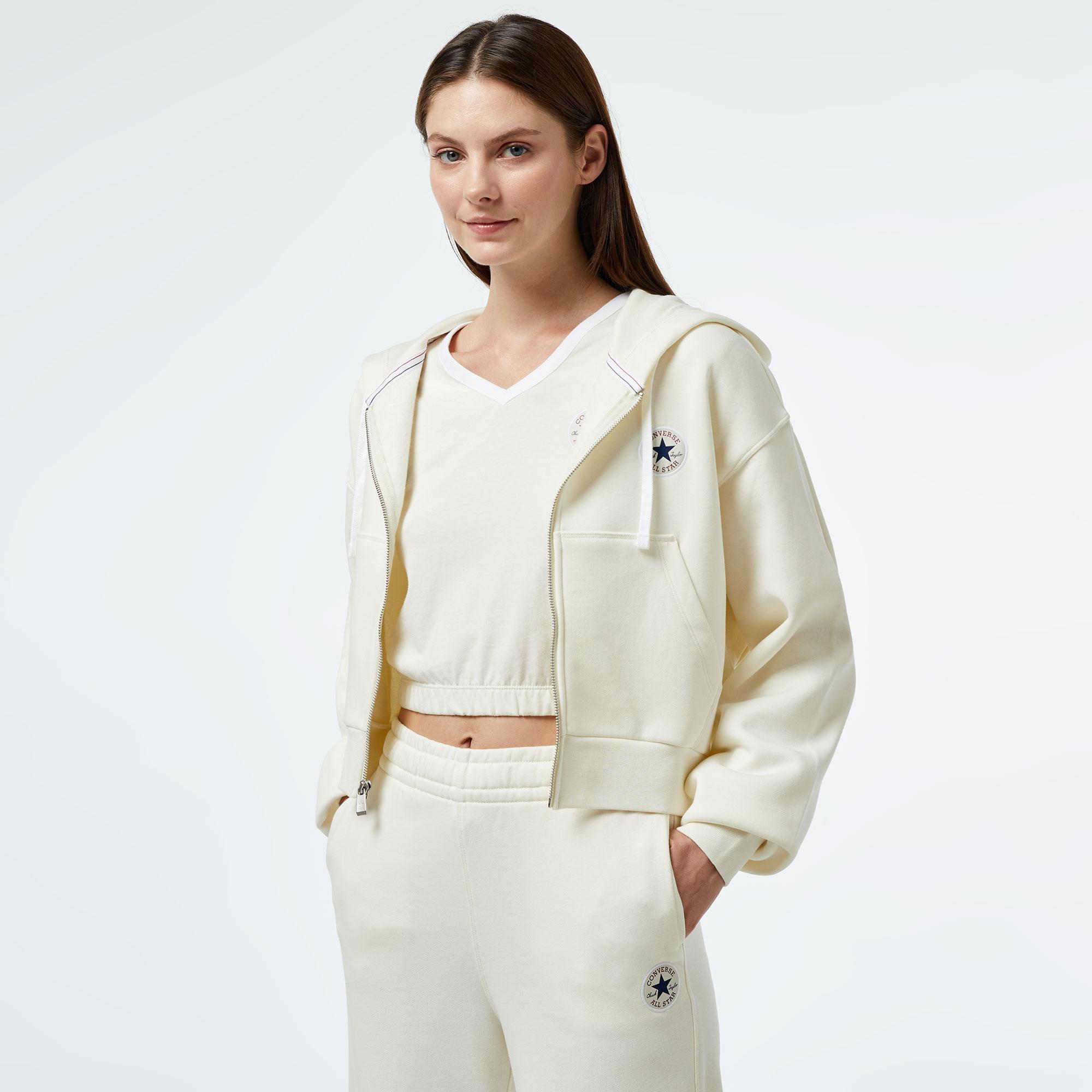 Converse Kadın Baskılı Krem Fermuarlı Hoodie