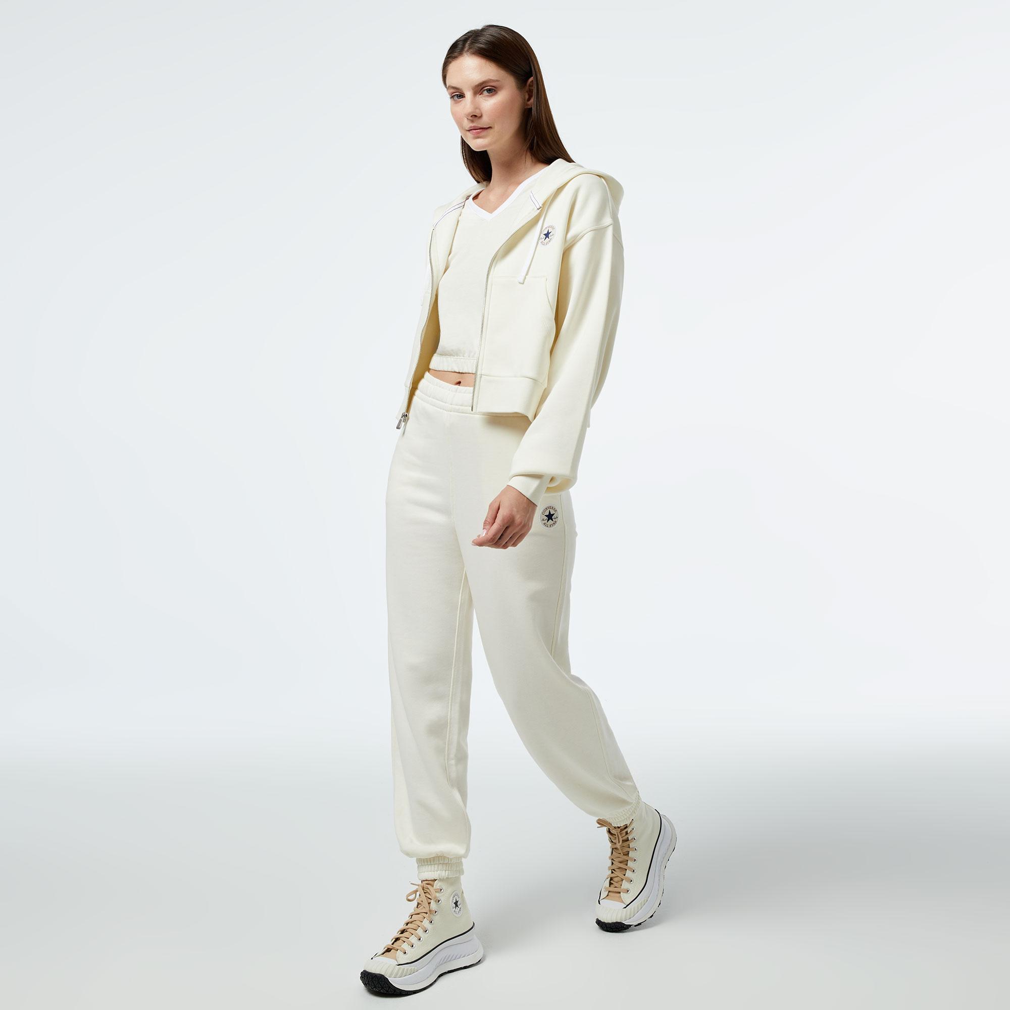 Converse Kadın Baskılı Krem Fermuarlı Hoodie