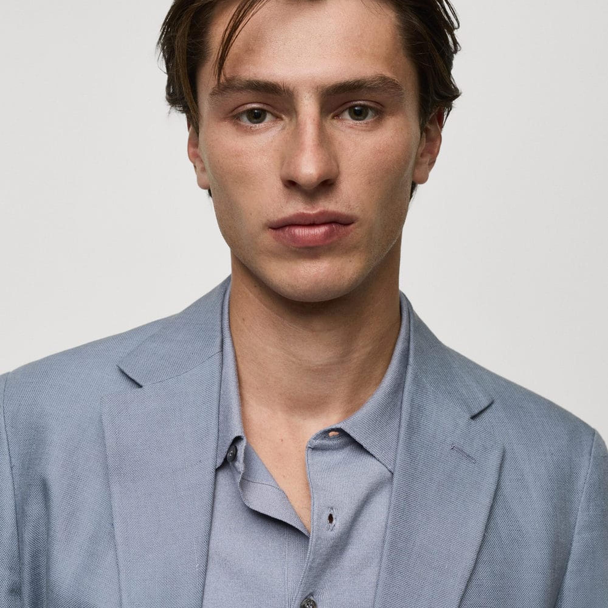 Mango Erkek %100 Keten Dar Kesim Blazer Ceket Gök Mavisi