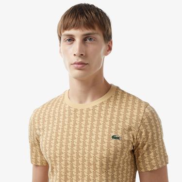  Erkek Slim Fit Bisiklet Yaka Monogram Bej T-Shirt