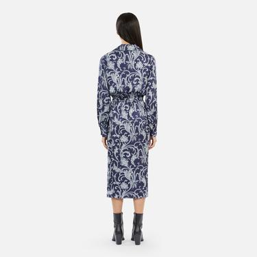  KADIN ÇİÇEK DESENLİ GÖMLEK YAKA LACİVERT ELBİSE