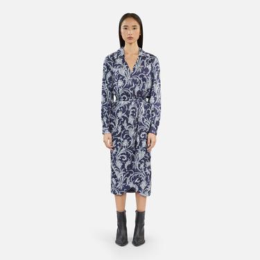  KADIN ÇİÇEK DESENLİ GÖMLEK YAKA LACİVERT ELBİSE