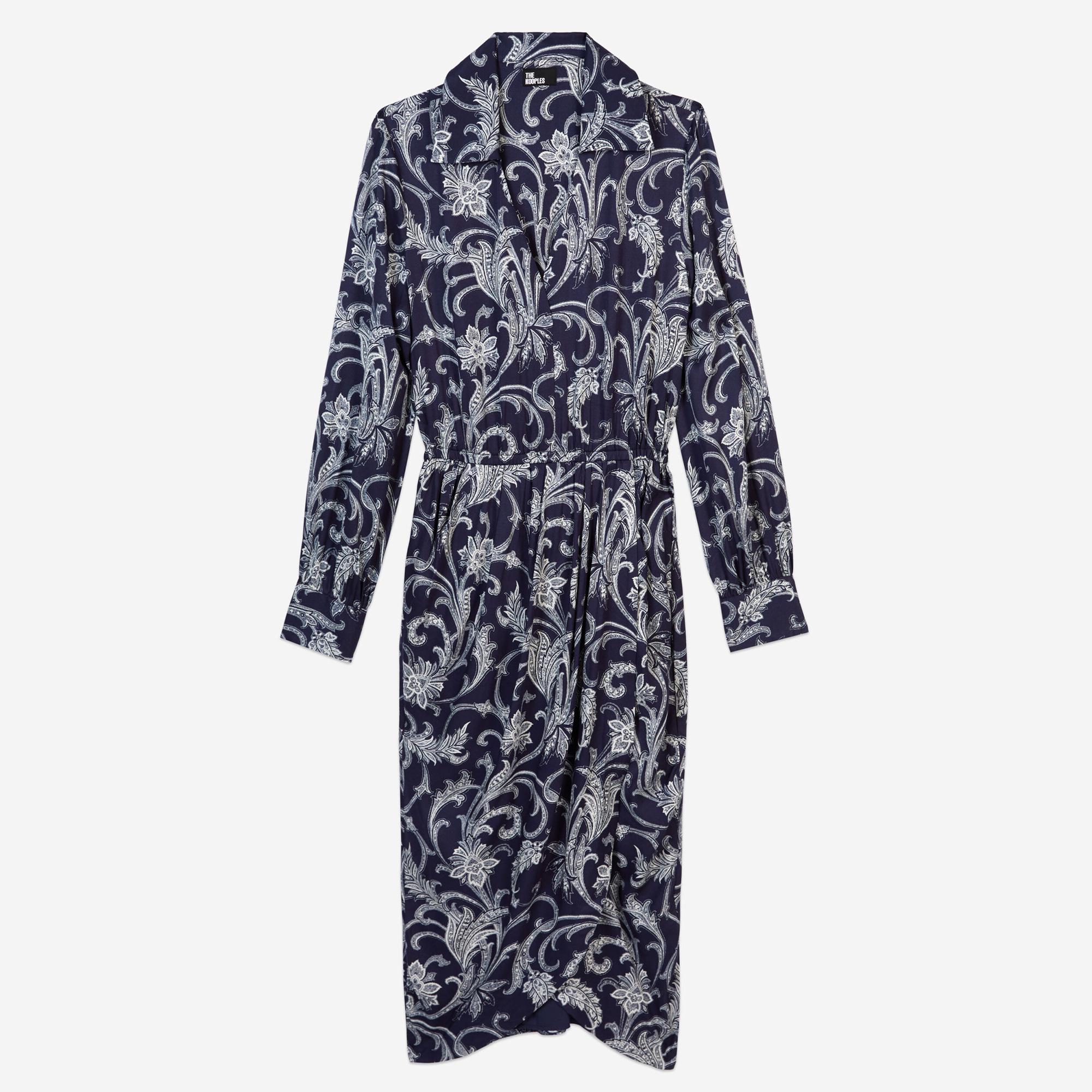 KADIN ÇİÇEK DESENLİ GÖMLEK YAKA LACİVERT ELBİSE