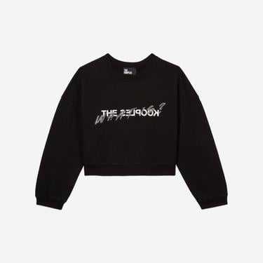  KADIN BASKILI BİSİKLET YAKA SİYAH CROP  SWEATSHIRT