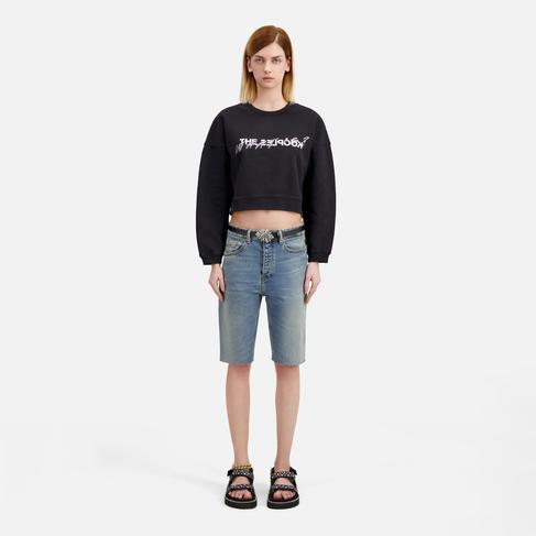  KADIN BASKILI BİSİKLET YAKA SİYAH CROP  SWEATSHIRT