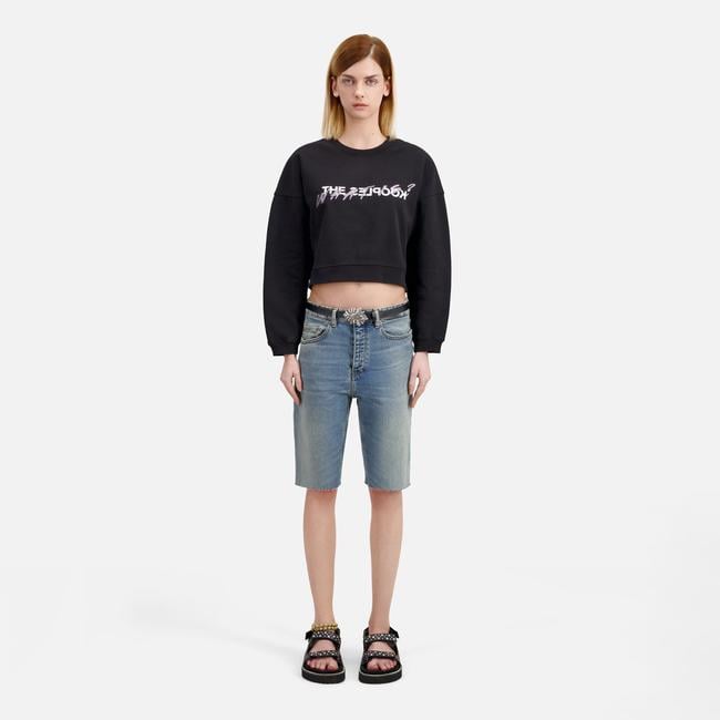  KADIN BASKILI BİSİKLET YAKA SİYAH CROP  SWEATSHIRT