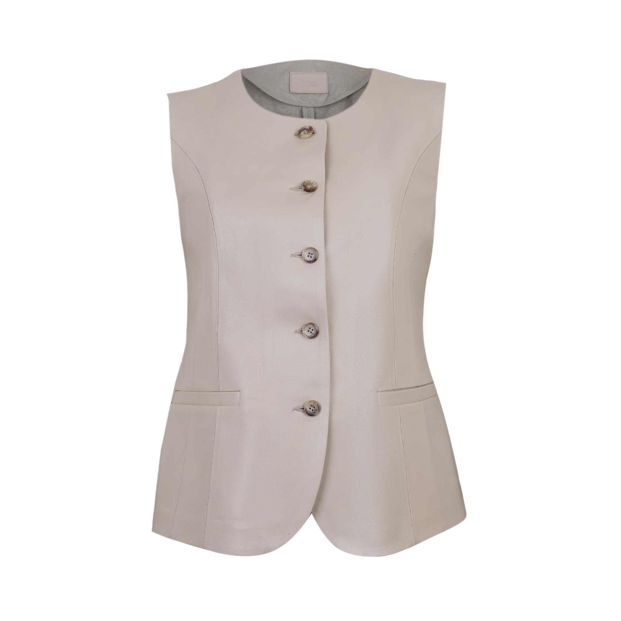 Siena Bej Kadın Deri Keten Yelek/Bluz