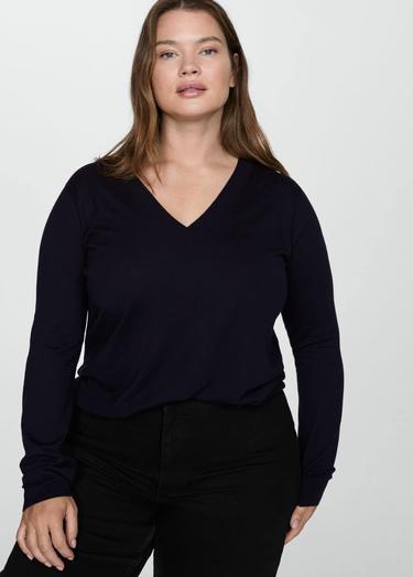  Mango Kadın V Yaka Ince Triko Kazak Lacivert