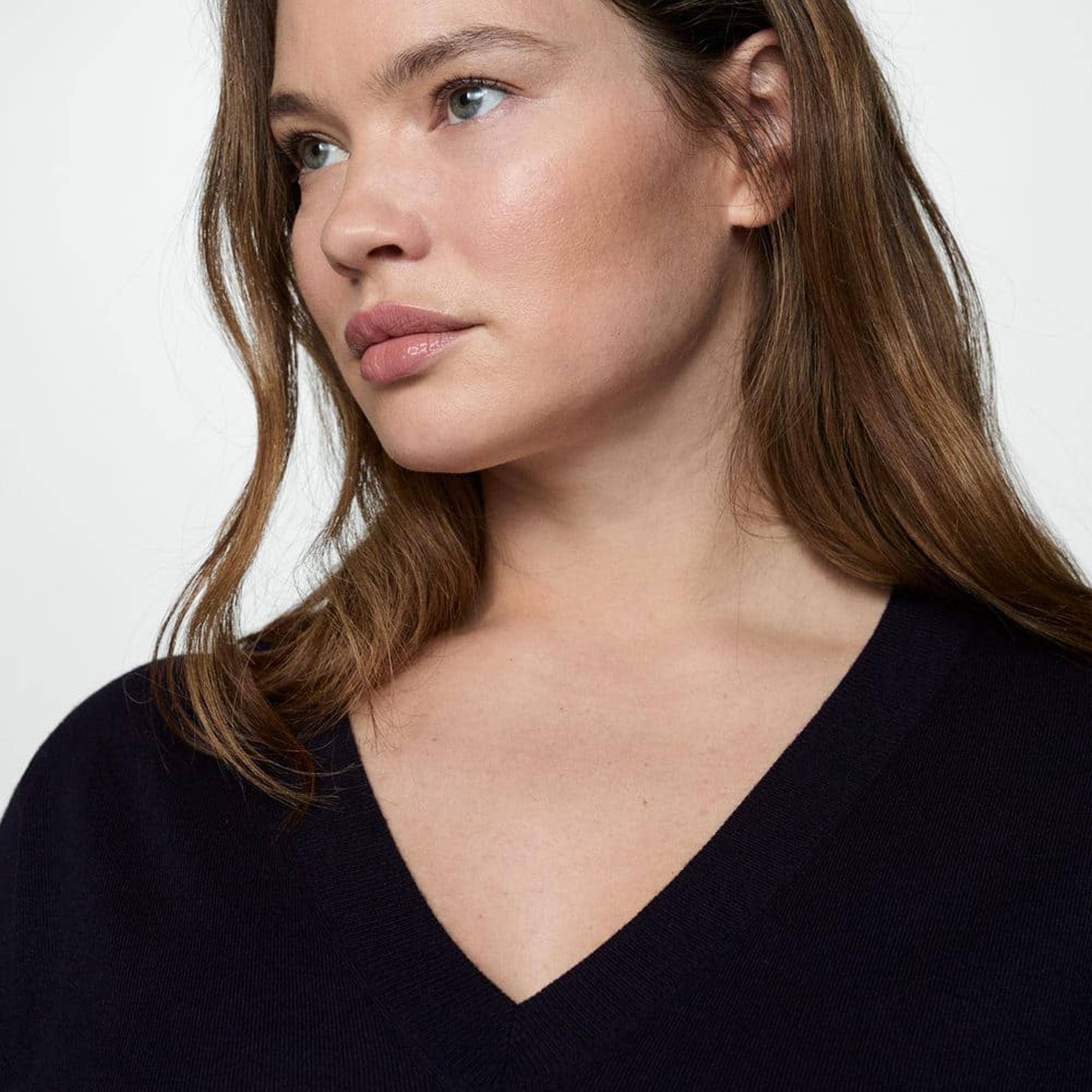 Mango Kadın V Yaka Ince Triko Kazak Lacivert