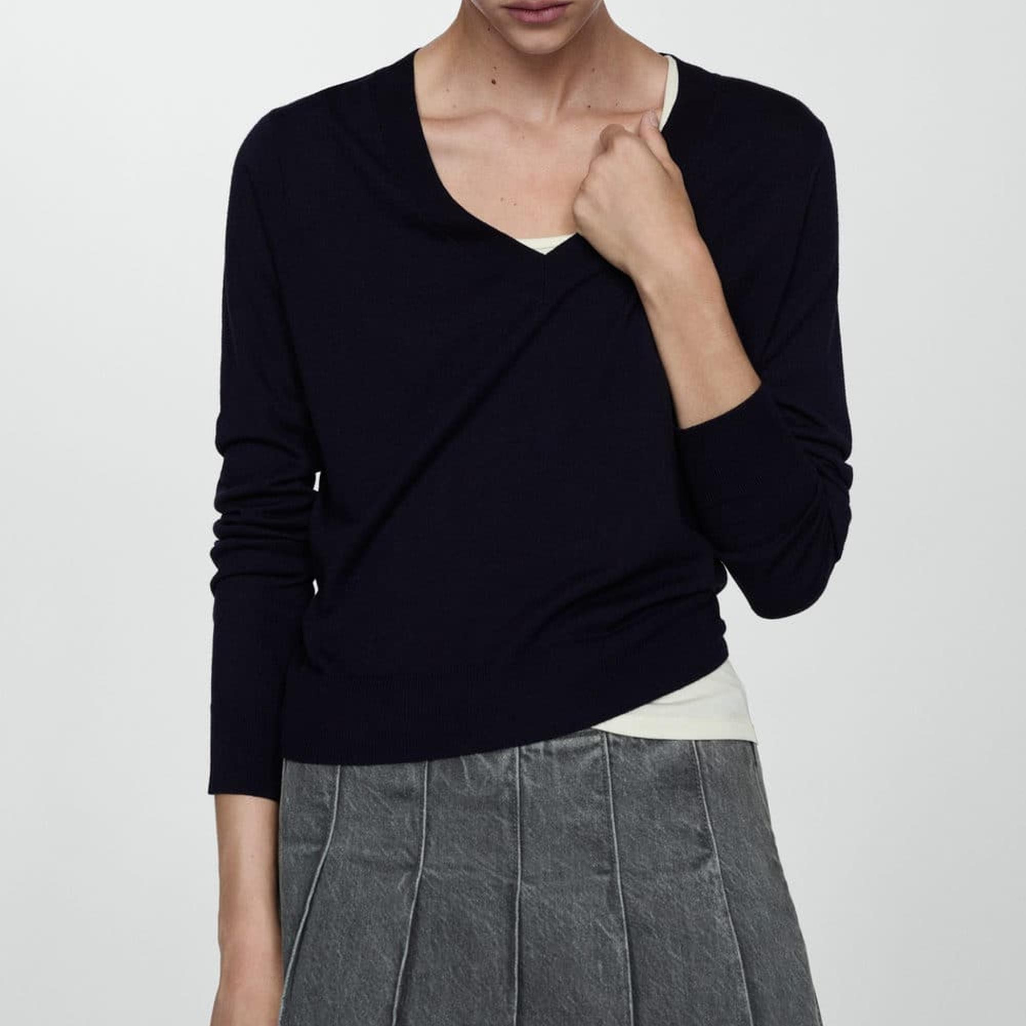 Mango Kadın V Yaka Ince Triko Kazak Lacivert