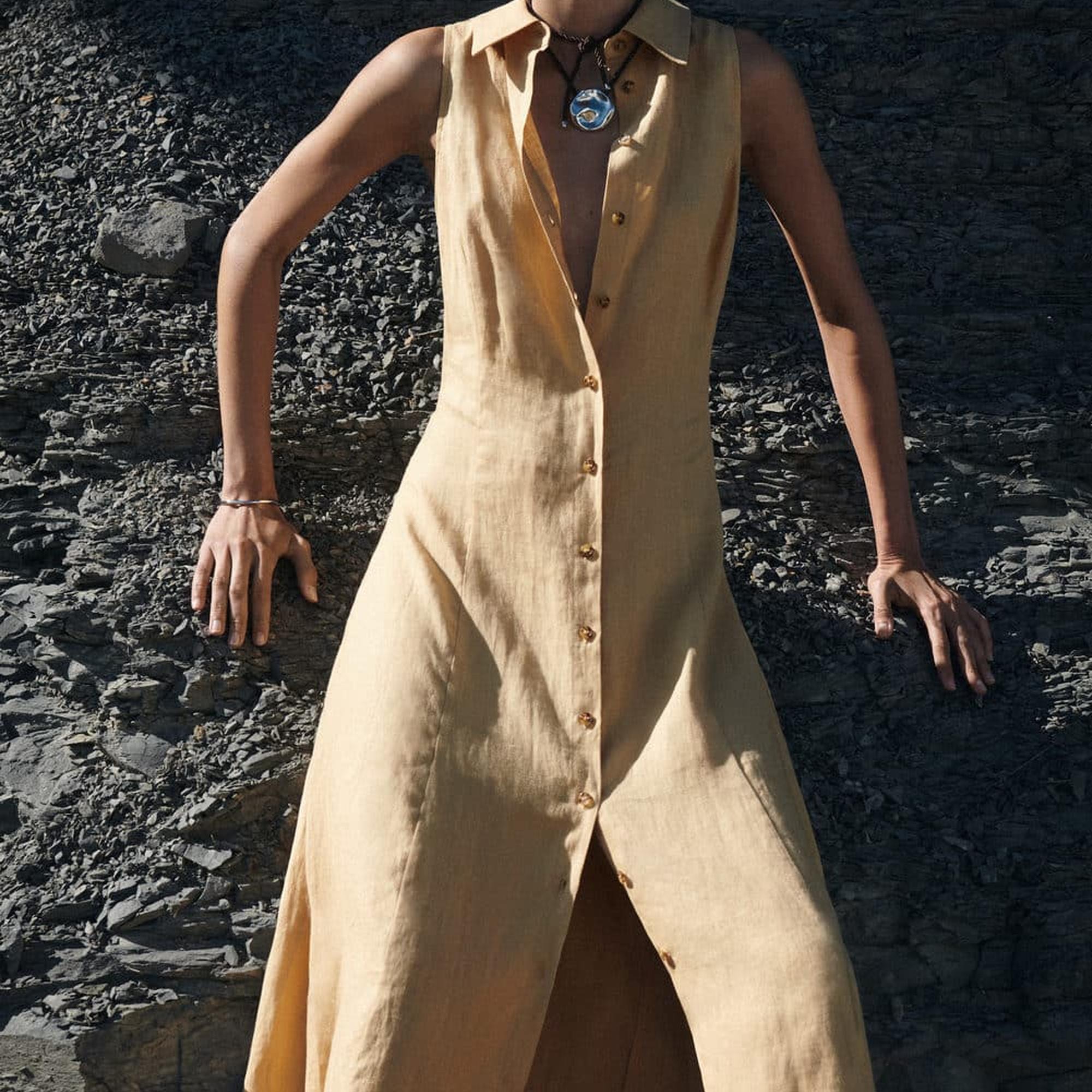 Mango Kadın Keten Gömlek Elbise Koyu Sarı