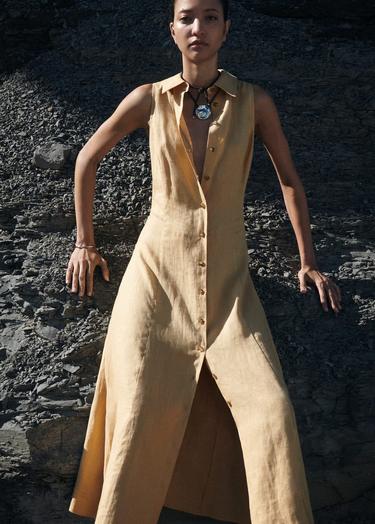  Mango Kadın Keten Gömlek Elbise Koyu Sarı