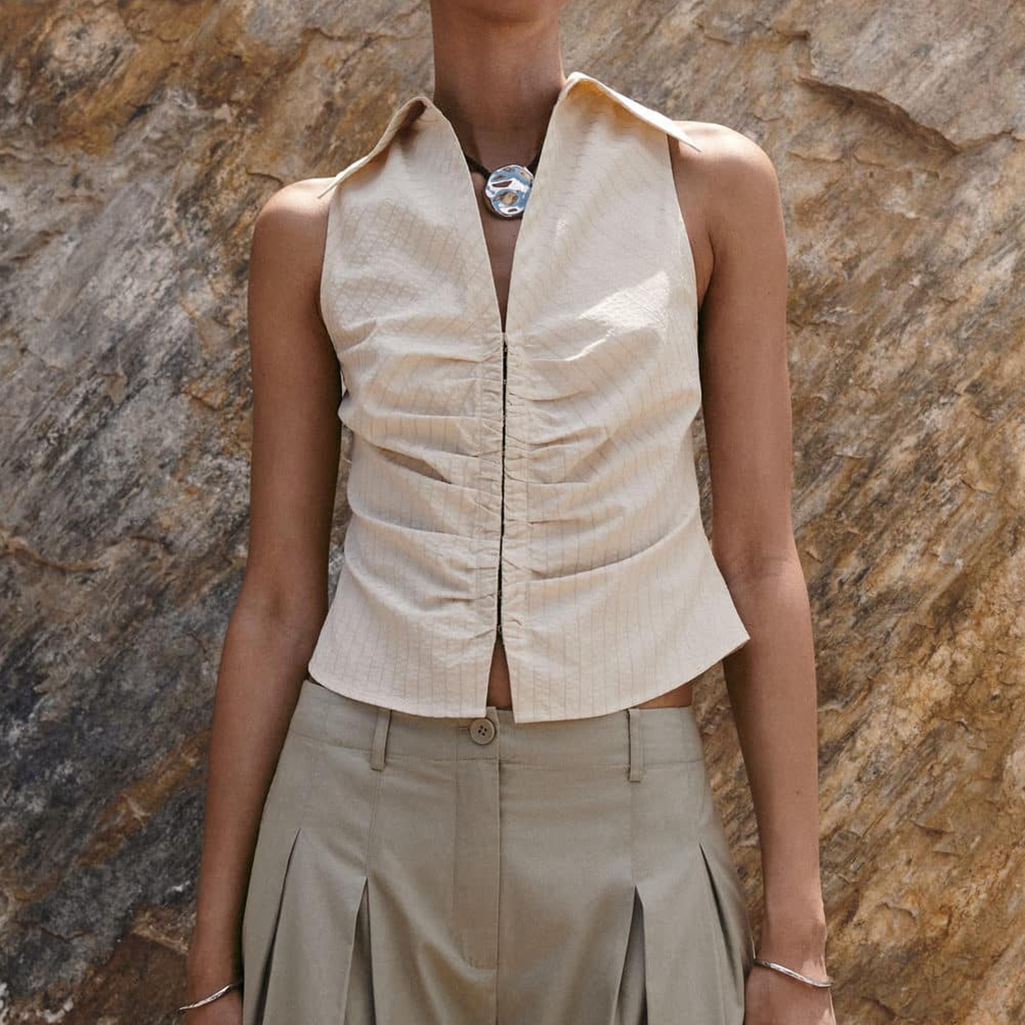 Mango Kadın Çizgili Fermuarlı Bluz Ekru