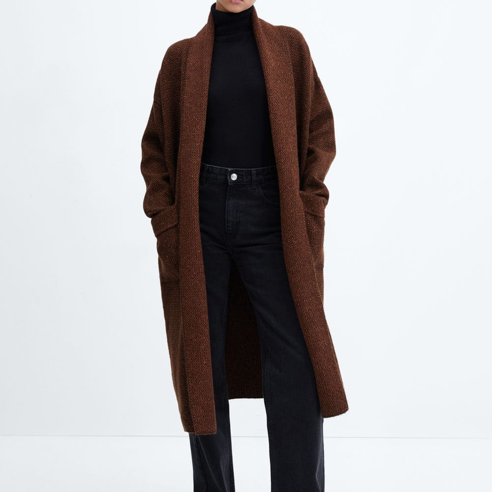 Mango Kadın Cepli Oversize Triko Palto Kahverengi