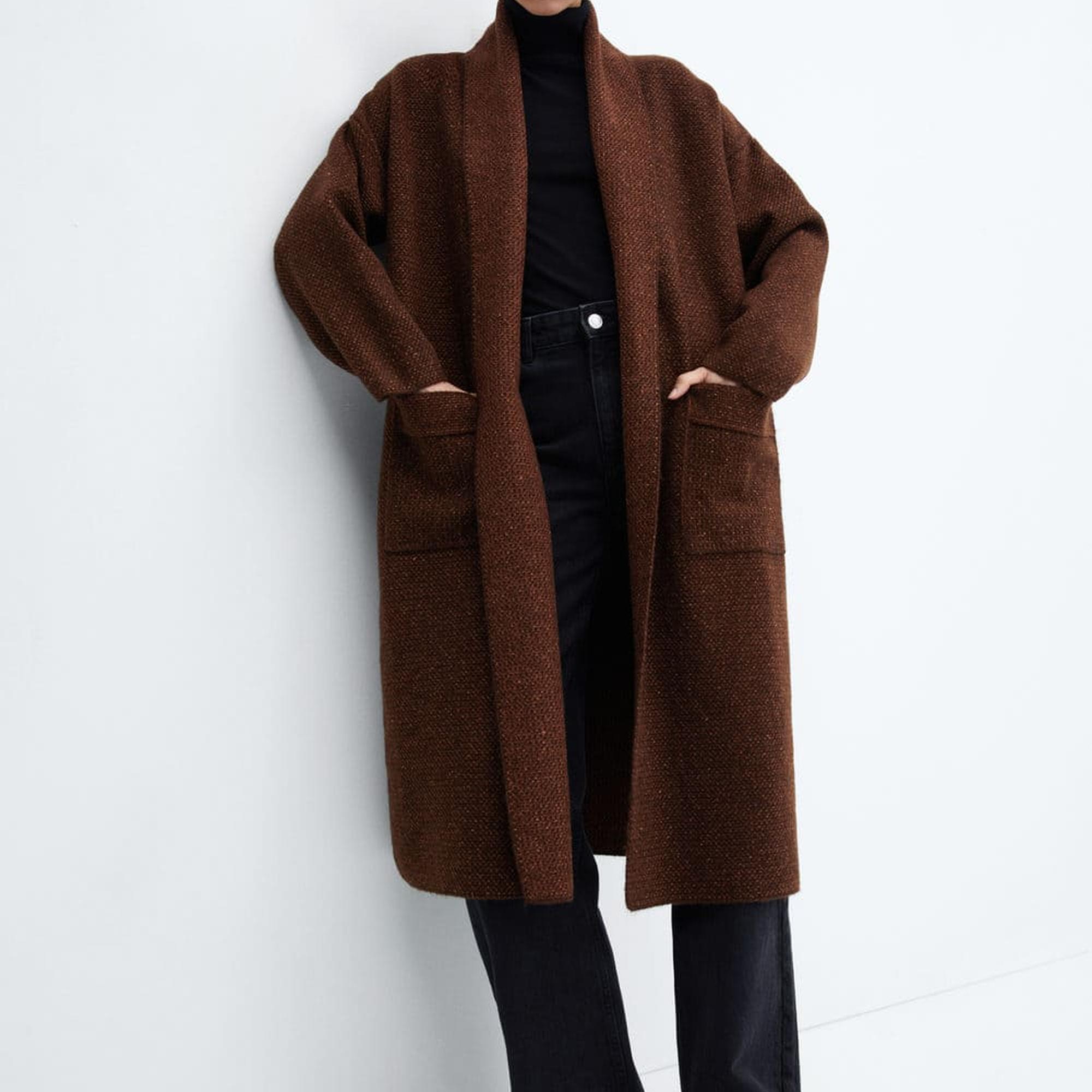 Mango Kadın Cepli Oversize Triko Palto Kahverengi