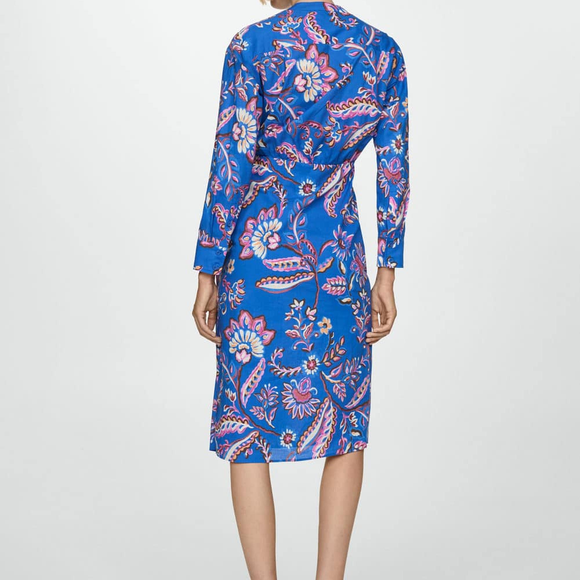 Mango Kadın Bağ Detaylı Çiçek Desenli Elbise Mavi