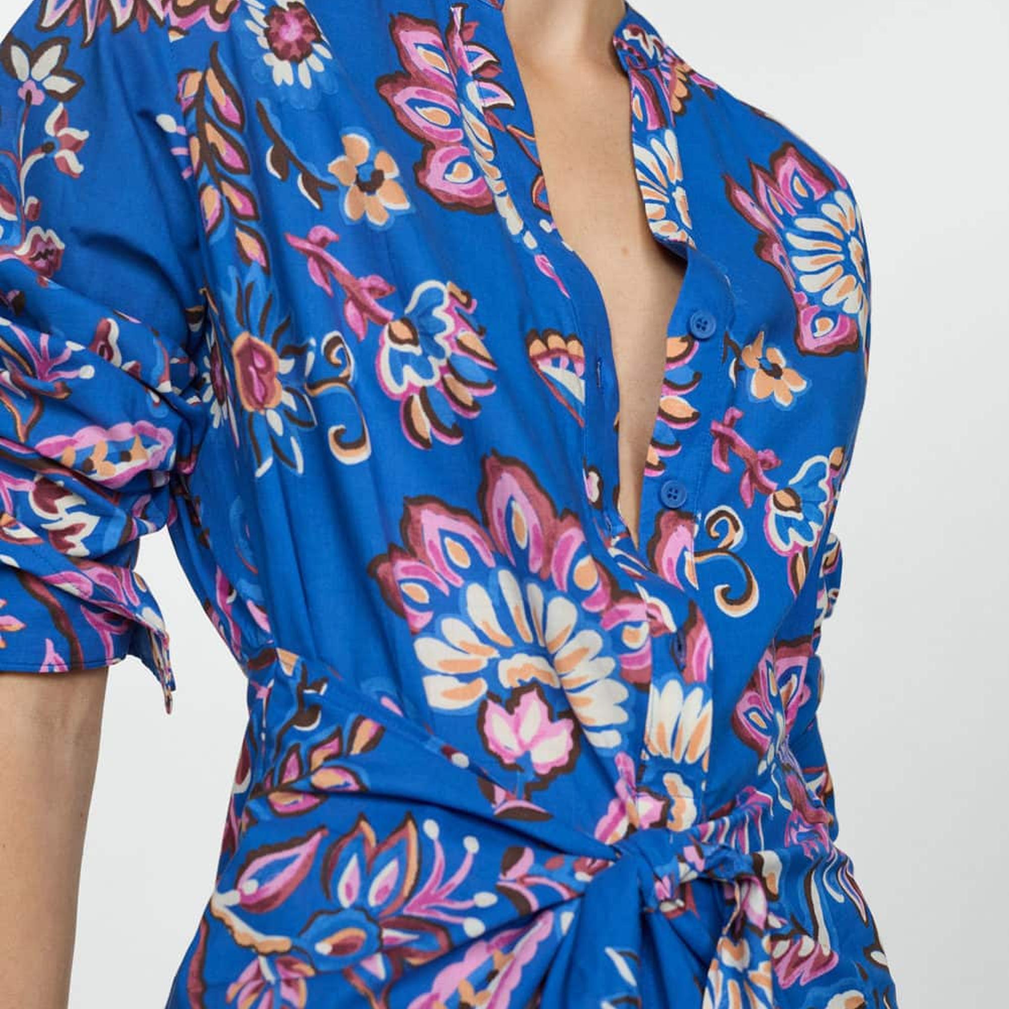 Mango Kadın Bağ Detaylı Çiçek Desenli Elbise Mavi