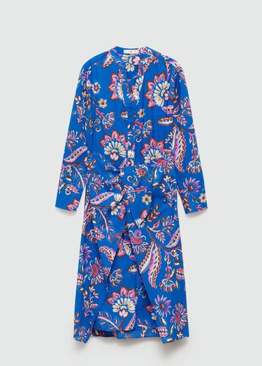  Mango Kadın Bağ Detaylı Çiçek Desenli Elbise Mavi