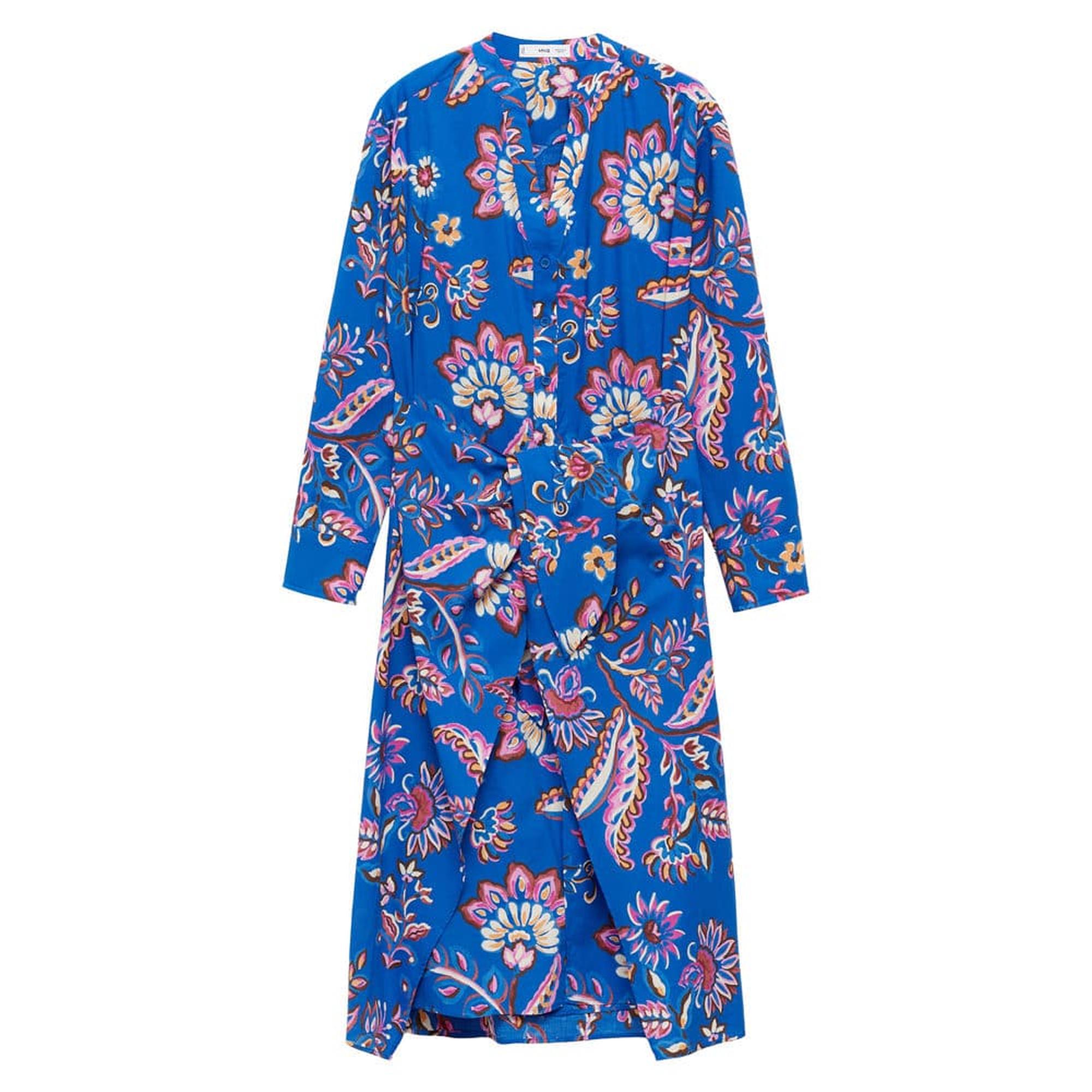 Mango Kadın Bağ Detaylı Çiçek Desenli Elbise Mavi