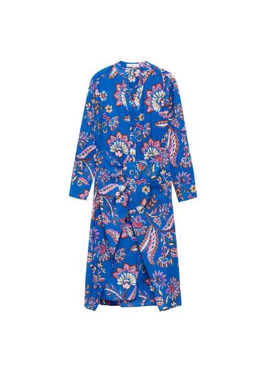  Mango Kadın Bağ Detaylı Çiçek Desenli Elbise Mavi