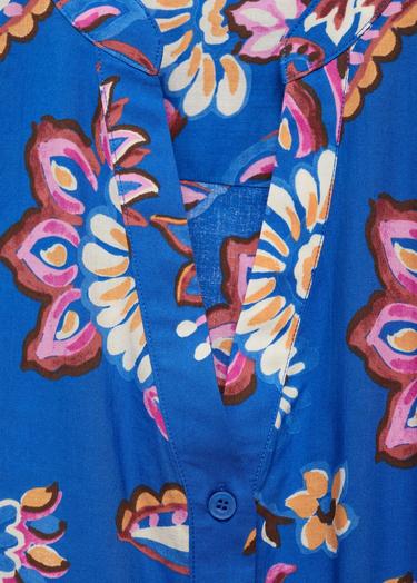  Mango Kadın Bağ Detaylı Çiçek Desenli Elbise Mavi